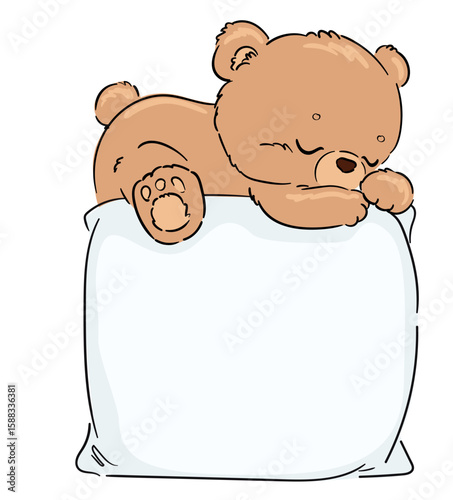 Hand Drawn Cute bear sitting on pillow. Vector bedtime illustration for kids and nursery