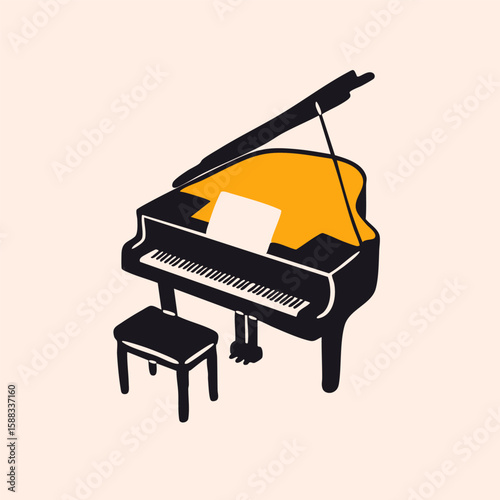 Grand piano icon. String musical instrument. Hand drawn modern Vector illustration. Music school, jazz band, classical orchestra concept. Isolated design element. Logo, print, card, design template