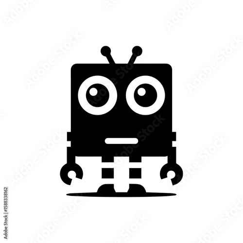 a square-headed robot with black and white blinking eyes without shadows