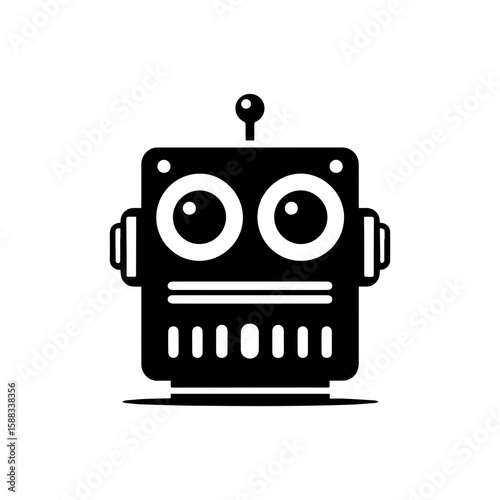 a square-headed robot with black and white blinking eyes without shadows