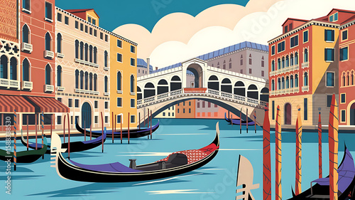 Venice Canal Illustration, Colorful, with Rialto Bridge and Gondolas, daytime