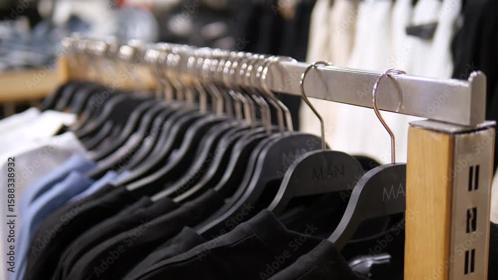 Black T-shirts or fleeces on hangers with the inscription man in a clothing store. Black clothes for creating a business style. Black T-shirts or fleeces on hangers with the inscription man in a clothing store. Black clothes for creating a business style.