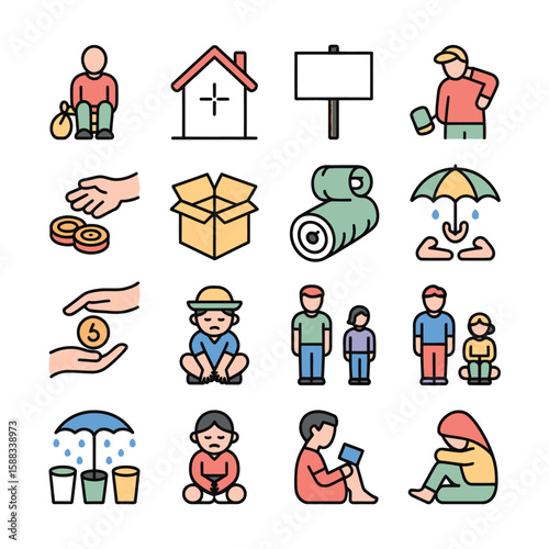 Colorful Vector Icons Depicting Charity Donation Aid Homeless Shelter Refugee Support Humanitarian Assistance Poverty Relief Children Family Needs Food Water Shelter Sign