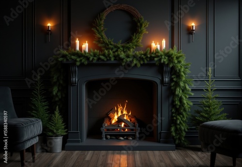 Dark Grey Fireplace with Christmas Decorations and Burning Fire