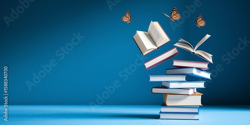 Stack of books with flying butterflies on blue background