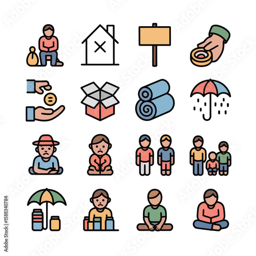 Colorful Vector Icons Depicting Homelessness Poverty and Charity Donation Aid Shelter Support for Refugees and Children in Need