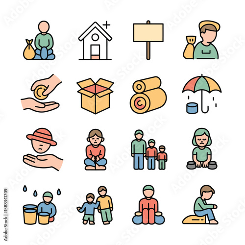 Colorful Charity Icons Set Depicting Poverty Hunger Homelessness Donation Aid and Family Support Illustrated in a Flat Cartoon Style
