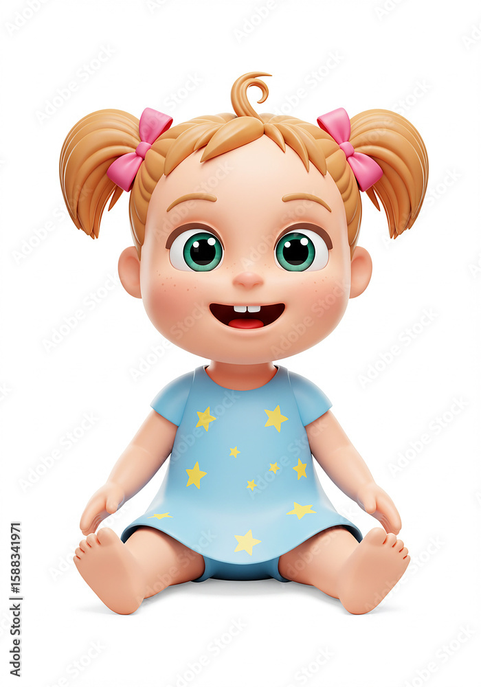 Fototapeta premium Cute cartoon baby girl sitting and smiling.