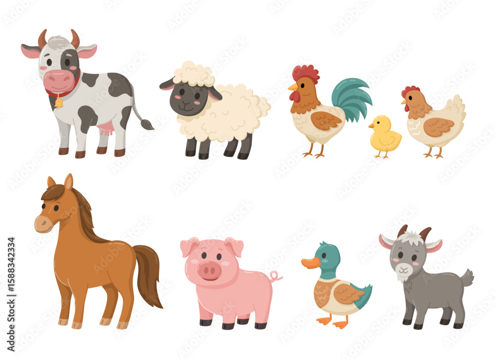 Obraz premium Domestic farm animals vector set. Cow, pig, horse, chicken, sheep, chick, rooster, goat, duck. Great for stickers, print, wallpaper, decor.