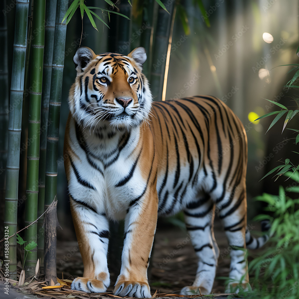 Fototapeta premium Tiger standing in a bamboo forest with sun rays animal