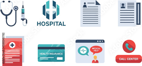 Collection of healthcare-related icons, including hospital logo, medical records, insurance card, online consultation, and call center button.