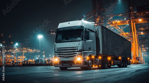 A large white semi-truck with a container trailer is parked at a brightly lit industrial port at night, with cranes and cargo in the background.