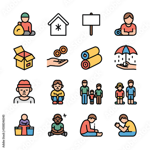 Colorful Vector Icons Set Depicting Humanitarian Aid Shelter Homelessness Poverty Donation Charity Support Family Children Refugee Crisis Help