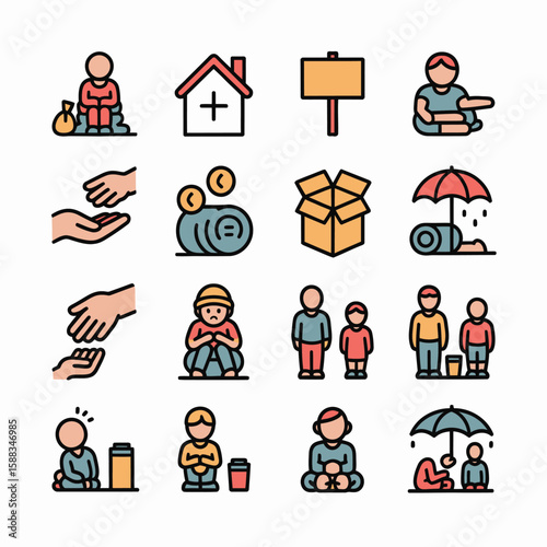 Colorful Vector Icons Depicting Poverty Homelessness Charity and Donation Diverse People Sitting Begging Receiving Aid Open Box Coins Umbrella Food Water