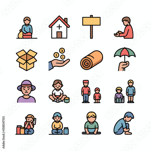 Colorful Vector Icons Depicting Homelessness Poverty and Charity Donation Box Coins Shelter Umbrella Sad Children Begging