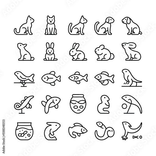 Collection of Thirty Black and White Linear Pet Icons Including Cats Dogs Rabbits Birds Fish and Lizards Depicted in Simple Line Art Style Suitable for Pet Shops Veterinary