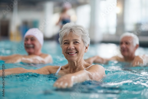 Group of elderly men and woman exercising in indoor swimming pool during water aerobics class
