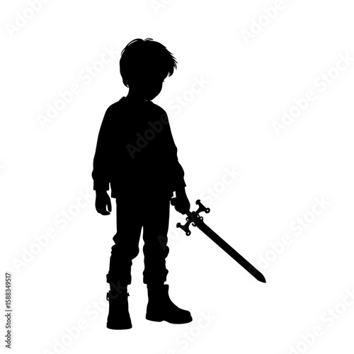 Silhouette of a young boy holding a sword, brave mood, standing pose, isolated on white background with copy space