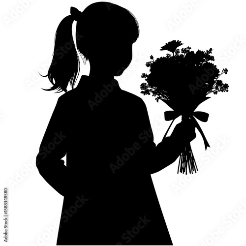 Silhouette of a young girl holding a flower bouquet, gentle mood, side view, isolated on white background with copy space