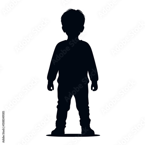 Silhouette of a young boy standing, neutral mood, front view, isolated on white background with copy space