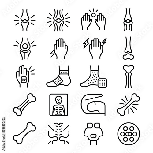 Collection of Black and White Line Art Icons Depicting Various Bone Joint Injuries and Treatments Including Knee Pain Ankle Sprains Wrist Pain Fractures and X Ray Images