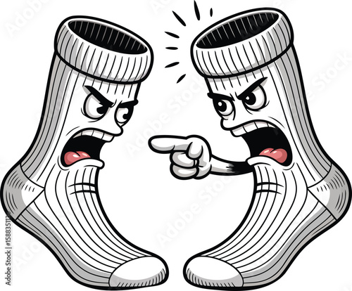 Cartoon Socks Arguing and Pointing Fingers Illustration with Angry Expressions and Funny Sock Characters