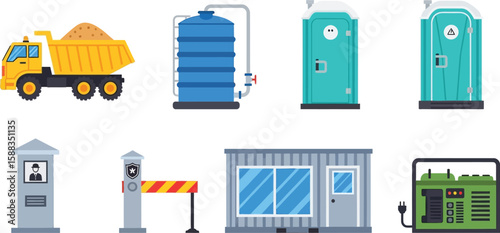 Construction site facilities, including a truck, water tank, portable toilets, security gate, and temporary building.