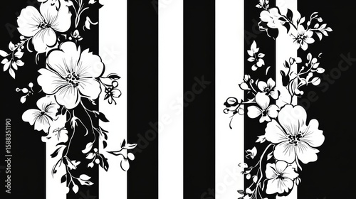 Elegant black and white floral pattern with vertical stripes design