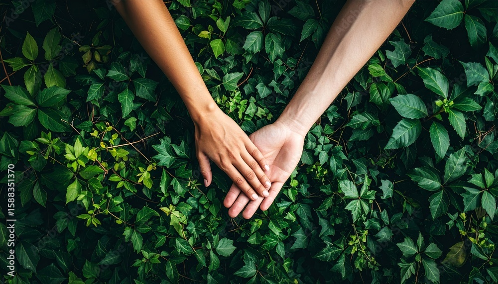 Fototapeta premium Interracial couple holding hands in a lush green garden embodying love and connection in nature