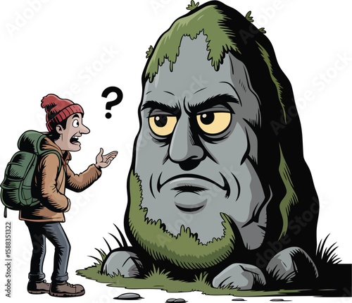 Confused Hiker Talking to Grumpy Rock Face on Transparent Background Illustration for Humor and Nature