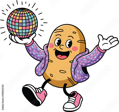 Groovy Potato Cartoon Character Holding a Disco Ball and Wearing a Jacket on a Transparent Background