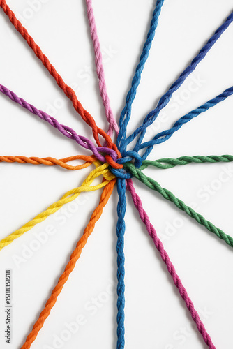 Bright multicolored ropes tied together in a knot, representing unity, teamwork, and strong connection
