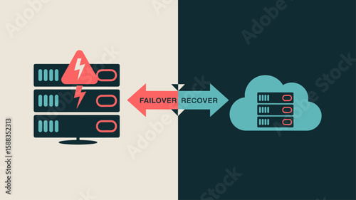 server rack failover to a cloud backup, vector illustration for disaster recovery, business continuity and hybrid cloud data protection