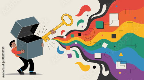 designer unlocking a box with a key, releasing a colorful flow of ideas, vector illustration for innovation and creativity, unlocking potential and thinking outside the box