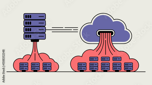 on-premise server extending workload to a public cloud network vector illustration, hybrid cloud bursting, workload scalability and on-demand infrastructure
