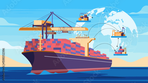 cargo ship with container crane and global logistics network vector illustration, international supply chain, global trade and maritime freight shipping