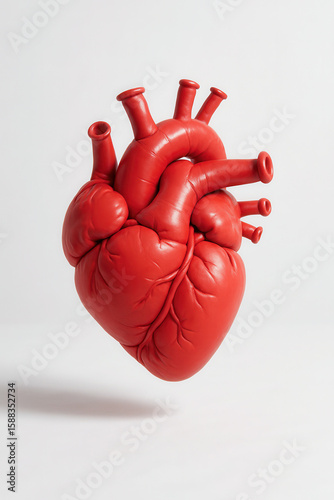 Anatomically shaped red heart resembling inflated rubber, floating against a light neutral background