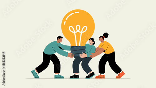 diverse team of professionals carrying a giant lightbulb vector illustration, ideal for teamwork collaborative innovation and sharing a creative idea