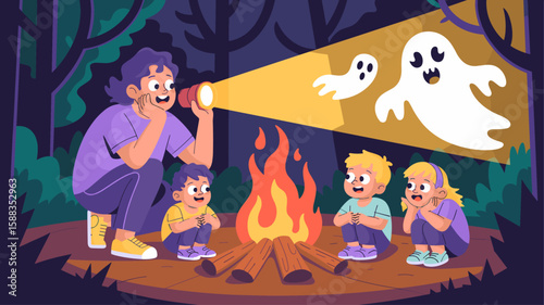 storyteller with flashlight telling ghost stories to kids by a campfire, vector illustration for spooky storytelling, childhood camping adventures and halloween fun