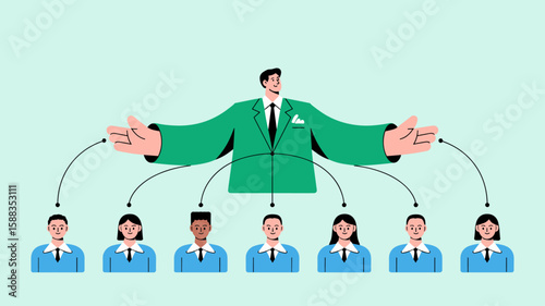 manager connected to a diverse team of employees, vector illustration for a leader's span of control, organizational hierarchy and business delegation