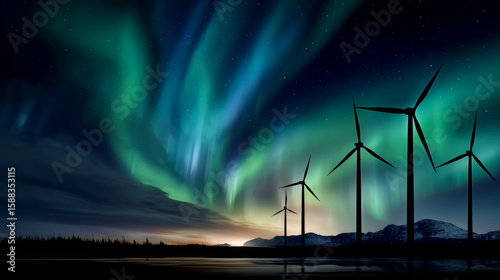 Wallpaper Mural Wind turbines in motion with blurred sky stripes, long exposure effect against the backdrop of the northern lights. The concept of an alternative energy  Torontodigital.ca