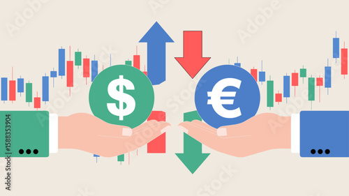 traders' hands exchanging dollar and euro coins over a candlestick chart, vector illustration for currency exchange, forex markets and global finance