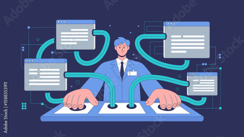 administrator at a control panel managing data connections vector illustration, cross-linking, content relationships and information architecture