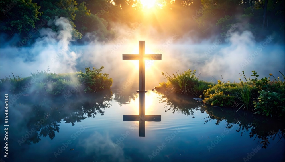 Fototapeta premium Serene cross reflection over water with ethereal mist and radiant light