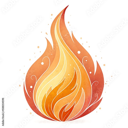 A vibrant watercolor flame dancing with passion embodying energy and transformation set against a clean white backdrop