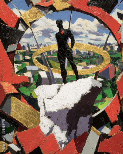 Mixed media painting featuring solitary figure standing rock, surrounded by circular golden frame. background showcases vibrant cityscape with colorful abstract elements, evoking sense of strength