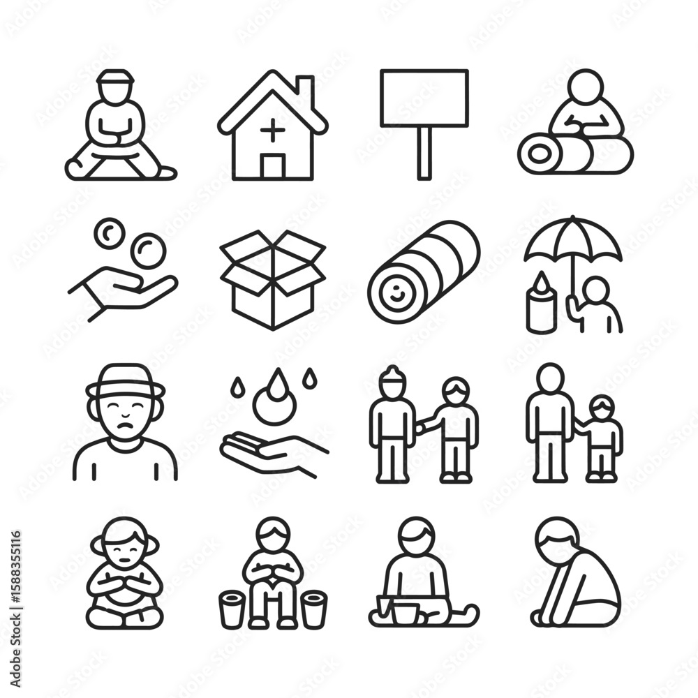 Fototapeta premium Collection of Sixteen Black Outline Icons Depicting Diverse Human Activities and Objects Including Sitting Figures Home Shelter Sign Child with Umbrella Open Box Water Donation
