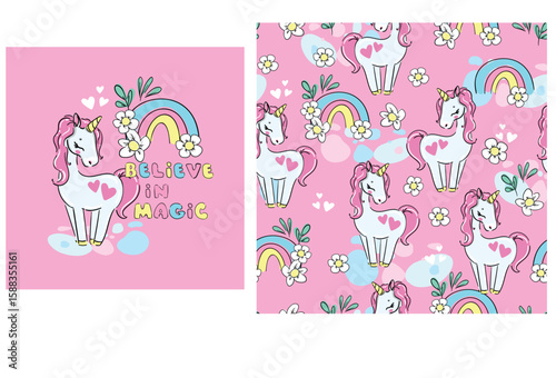 Unicorn and Rainbow Pattern and Poster Set Hand Drawn Vector