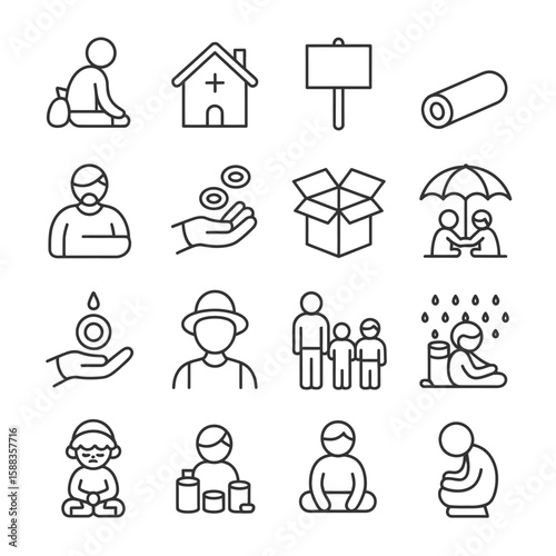 Collection of Black Outline Icons Depicting Charity Poverty Homelessness and Family Support Themes Including People Sitting Praying Receiving Donations Under an Umbrella a