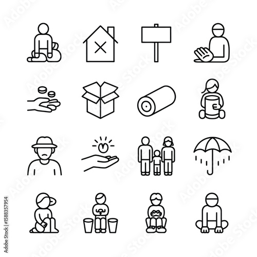 Collection of sixteen monochrome line art icons depicting various social issues homelessness poverty donation family and protection
